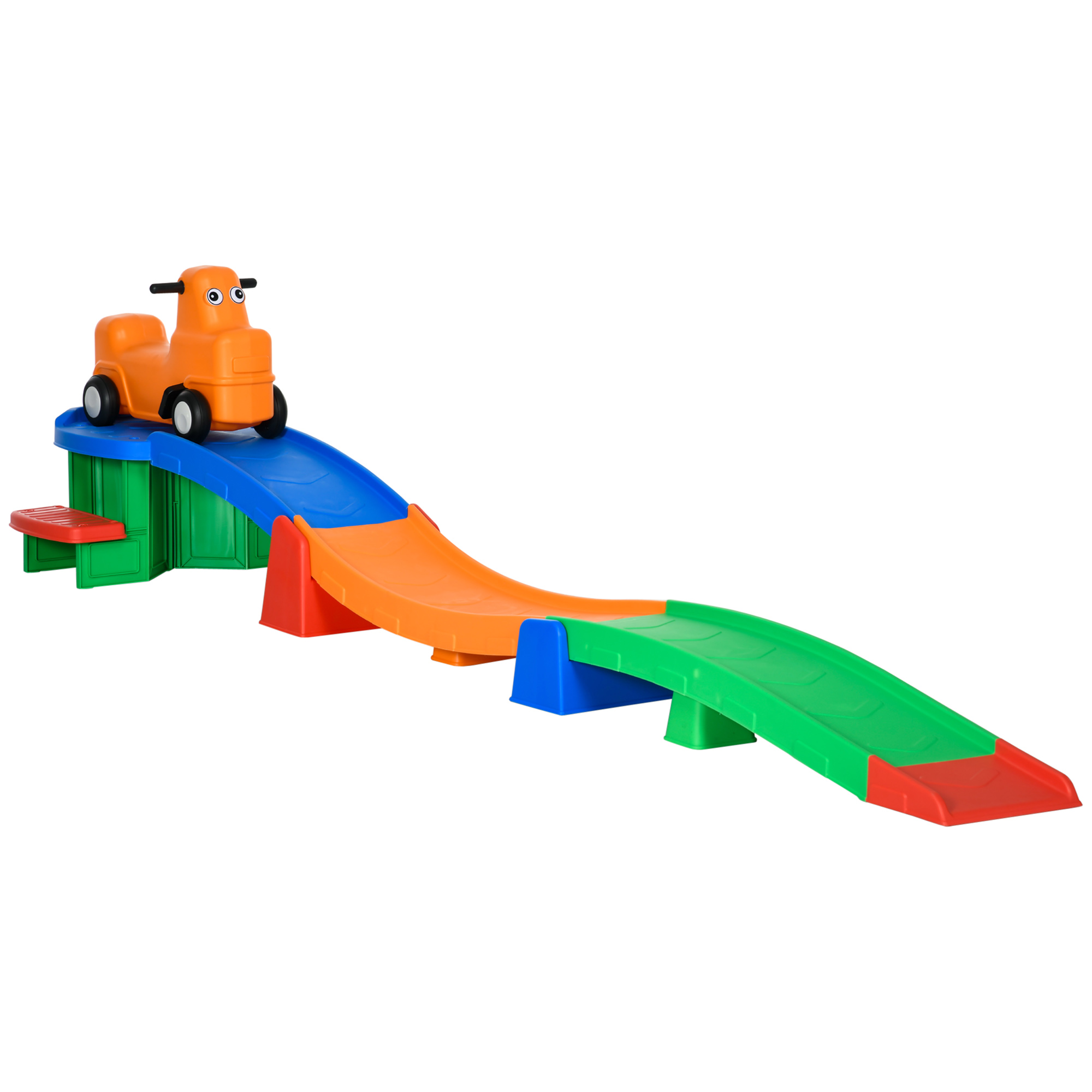 Colorful kids' rollercoaster set featuring an orange toy car on a multi-colored track with green and blue ramps, designed for fun and safe play.