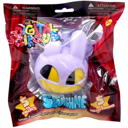 Purple squishy figure with large yellow eyes, packaged in a clear plastic bag featuring colorful branding and a warning label, part of the Amazing Digital Circus collection.