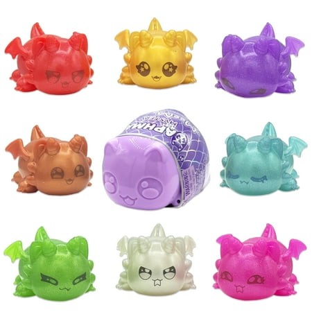 Colorful squishy dragon figures in various pastel shades, featuring cute faces and small wings, arranged around a purple mystery capsule, showcasing styles that vary.