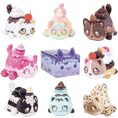Colorful plush toys resembling cute cats with ice cream themes, featuring various toppings like cherries and sprinkles, arranged around a mystery box.