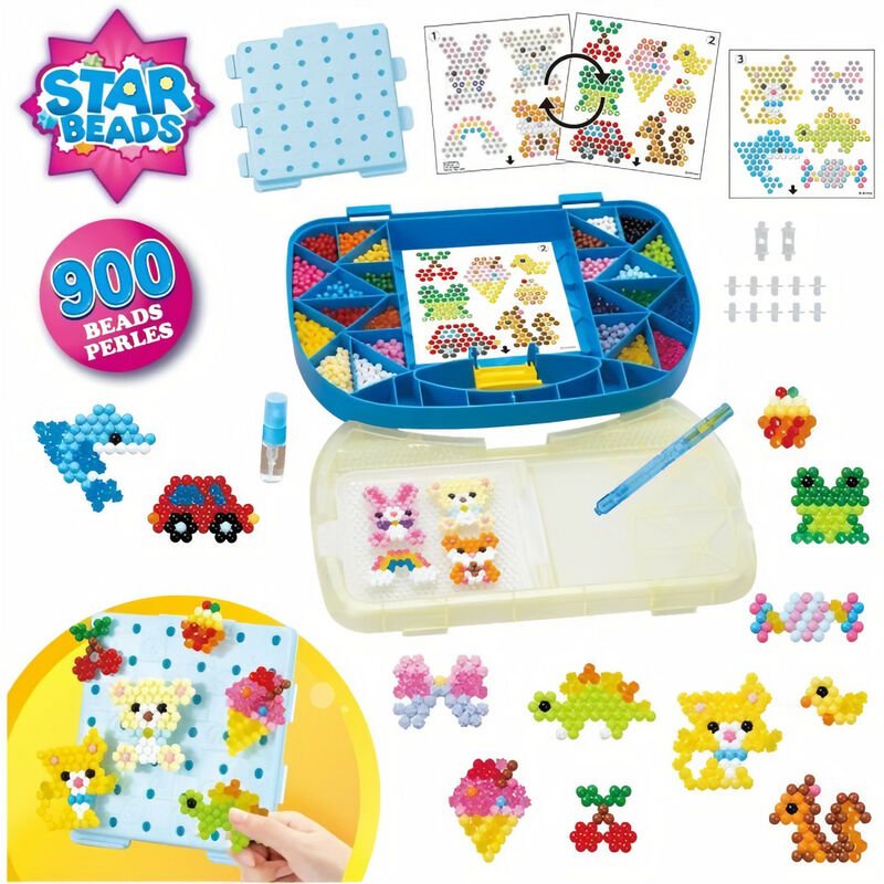 Colorful Aquabeads beginners carry case featuring over 900 beads, a blue and yellow design, with various bead shapes, a layout for crafting, and instruction sheets for creating designs.