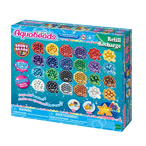 Colorful Aquabeads Shiny Bead Refill Pack featuring 2000 beads in various colors, star-shaped designs, and a vibrant box with crafting instructions for ages 4 and up.