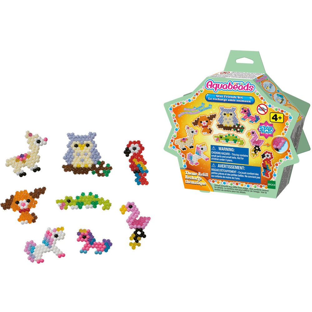 Colorful Aquabeads Star Friends Craft Set featuring various bead creations, including a llama, owl, parrot, unicorn, and flamingo, alongside a star-shaped packaging.