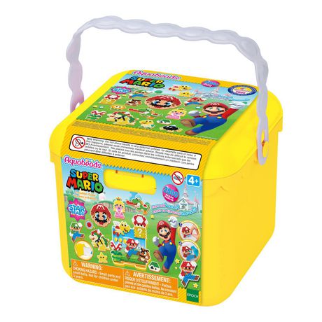 Bright yellow cube container with a handle, featuring Super Mario-themed designs and characters, containing over 2,500 colorful beads for arts and crafts.