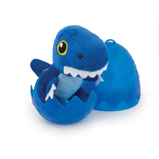 Blue plush dinosaur toy emerging from a blue eggshell, featuring yellow eyes, white teeth, and soft fabric, with a playful design.