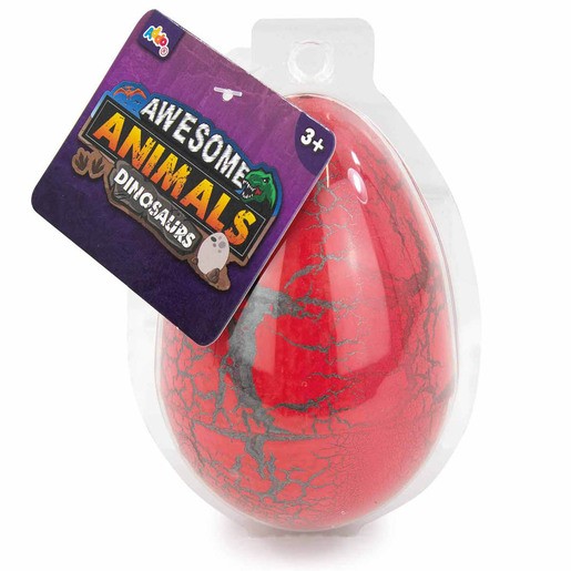 Red hatching dinosaur egg figure with a cracked texture, packaged with a colorful tag featuring the "Awesome Animals" logo, suitable for ages 3 and up.