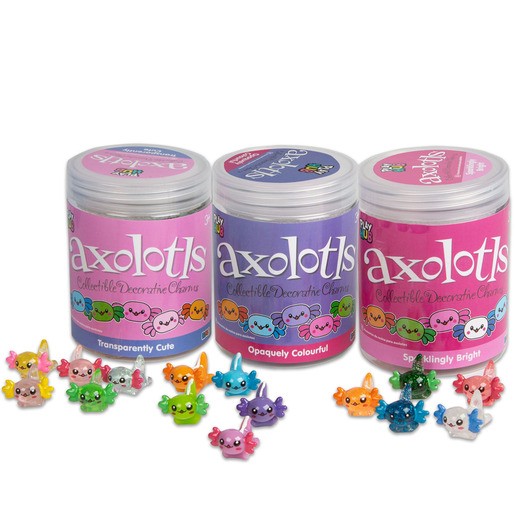 Three colorful tubs labeled "Axolotls" in pink, purple, and blue, surrounded by various small, cute axolotl charm figures in vibrant colors and different expressions.