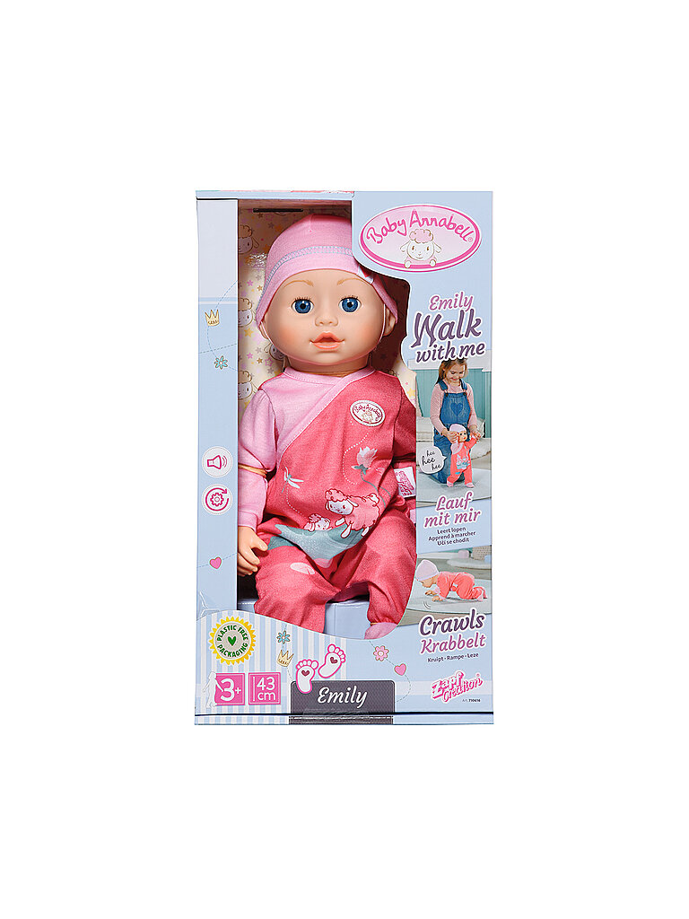 43cm Baby Annabell Emily doll dressed in a pink outfit with a cute animal design, wearing a matching hat and blue eyes, packaged in a colorful box with a playful design.
