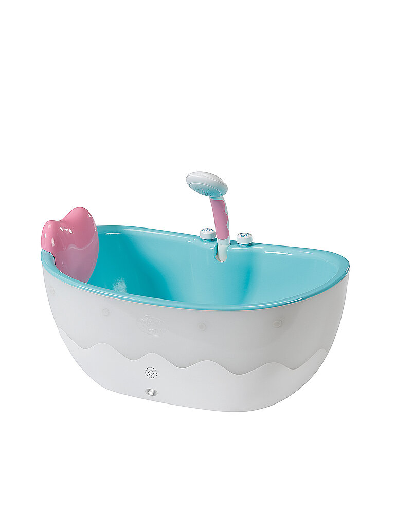 A white and light blue plastic bathtub with a pink faucet and a playful design, featuring a wave pattern and a removable showerhead for pretend play.
