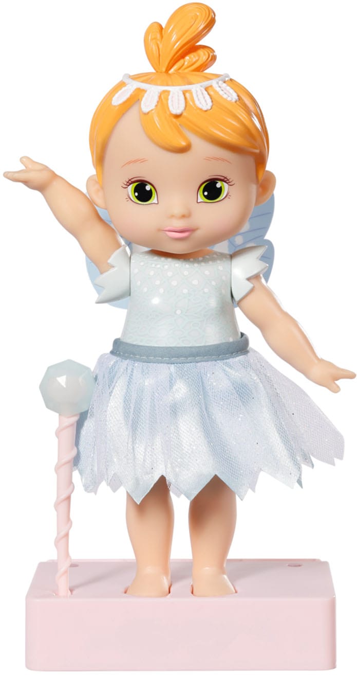 18cm Baby Born Storybook Fairy doll with blonde hair, green eyes, a light blue dress, tulle skirt, and translucent wings, standing on a pink base, holding a wand.