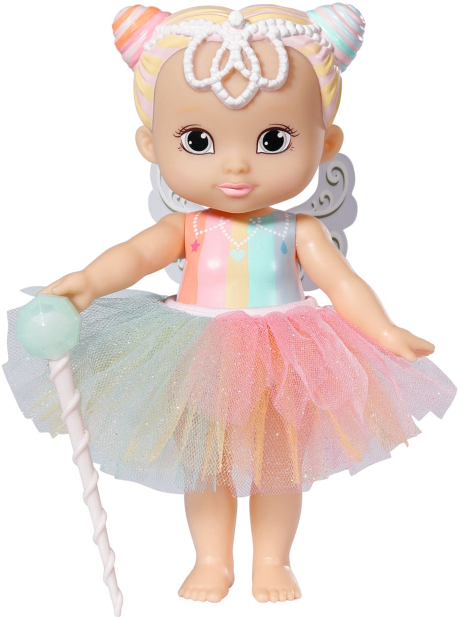 18cm Baby Born doll with blonde hair styled in two colorful buns, wearing a pastel rainbow dress and a glittery tulle skirt, holding a wand with a light green orb and featuring butterfly wings.