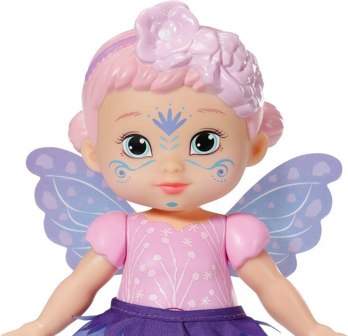 18cm Baby Born Storybook Fairy Violet doll with pink hair, purple wings, and a pink dress adorned with floral designs and a flower headband.