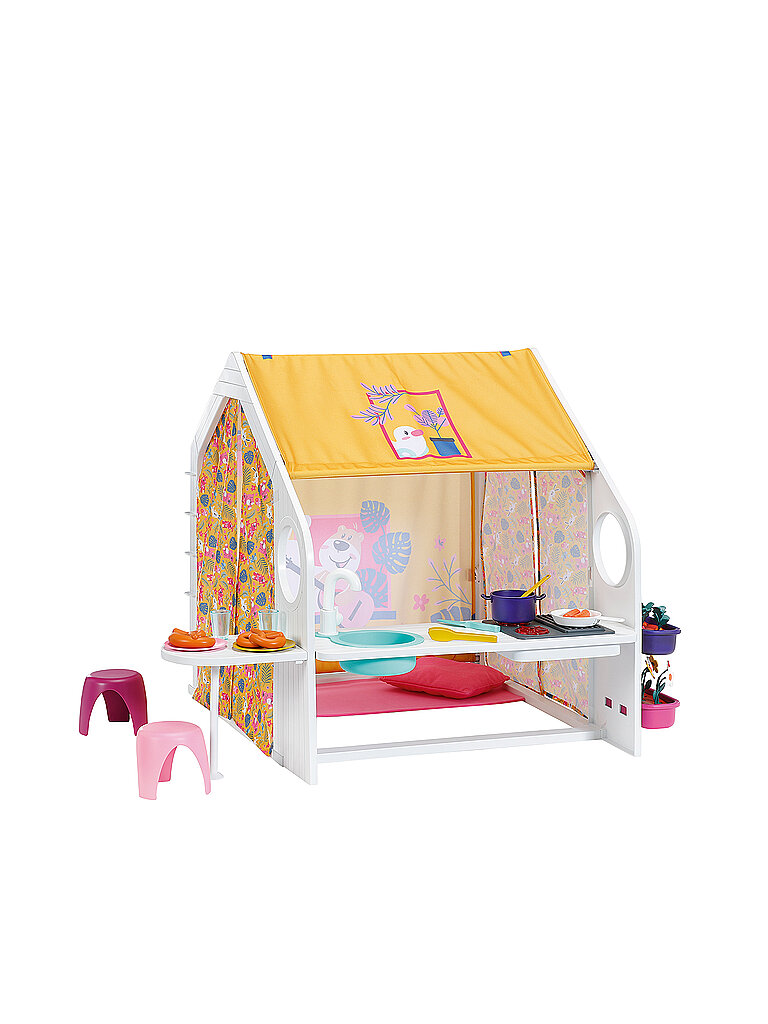 Colorful playhouse with a yellow roof, floral fabric sides, and a pink seating area, featuring plates and food items outside, designed for imaginative play.