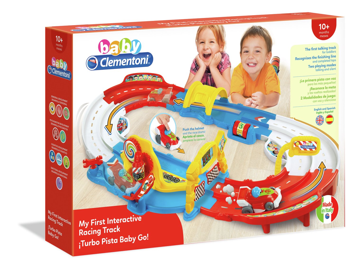Brightly colored racing track playset with curved tracks, interactive features, and toy cars, designed for babies aged 10 months and up, featuring cheerful graphics and a sturdy box.