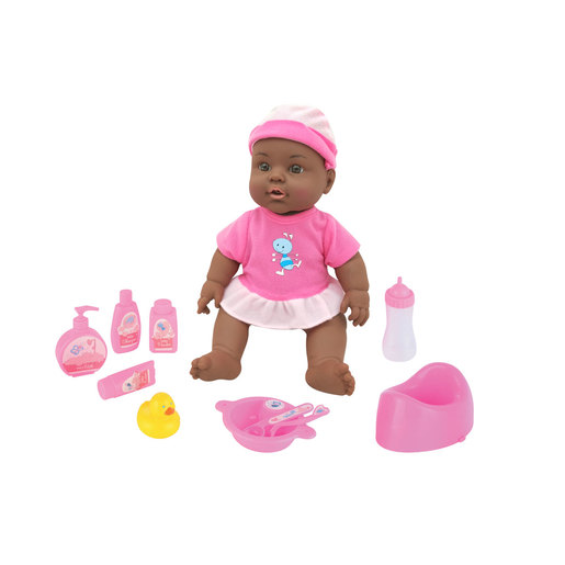 30cm deluxe baby doll with dark skin, wearing a pink shirt and white skirt, accompanied by pink accessories including a bottle, lotion, potty, and a rubber duck.