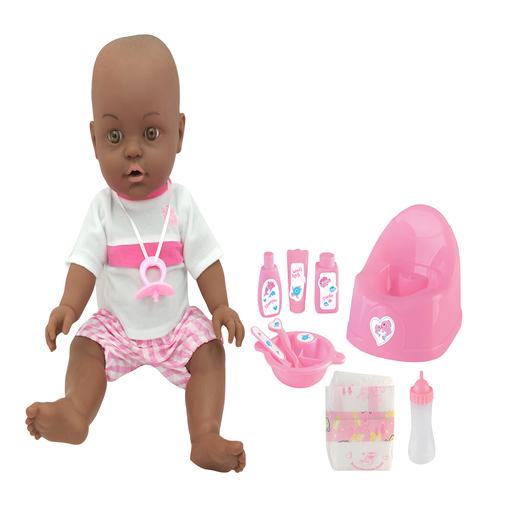 Baby Snuggles Drink and Wet Doll features a dark-skinned baby in a pink and white outfit, accompanied by a pink feeding station, bottles, and accessories for interactive play.