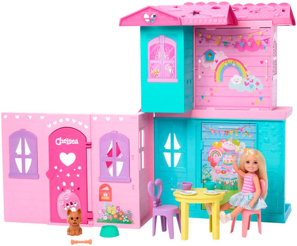 Colorful pink and blue Barbie Chelsea pop-up dollhouse features a two-story design, a doll, a small dog, and over 15 accessories including a table and chairs.