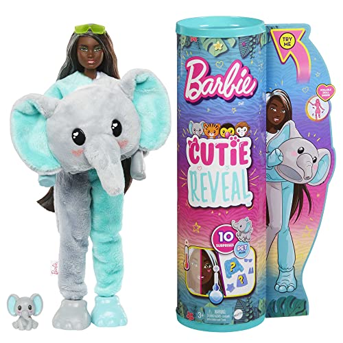 Barbie Cutie Reveal Jungle Series Doll features a doll in a plush elephant costume with a gray and teal color scheme, alongside a small elephant accessory and a colorful packaging tube.
