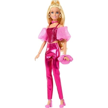 Barbie doll with blonde hair wearing a pink metallic corset top and matching shiny pants, accessorized with a pink clutch and high heels, featuring puffed sleeves and hoop earrings.