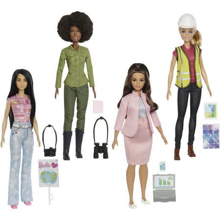 Four Barbie dolls in diverse outfits: one in a pink suit, another in a green jumpsuit, a third in a hard hat and safety vest, and the last in casual jeans, with accessories like binoculars and a laptop.