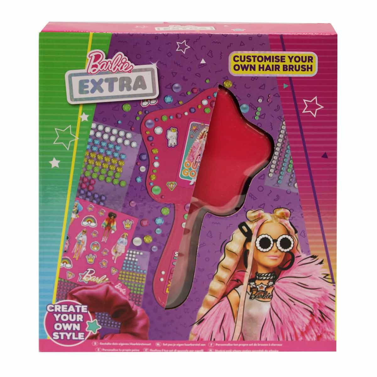 Brightly colored packaging featuring a pink star-shaped hairbrush, decorative stickers, and a Barbie character, encouraging customization and creativity.