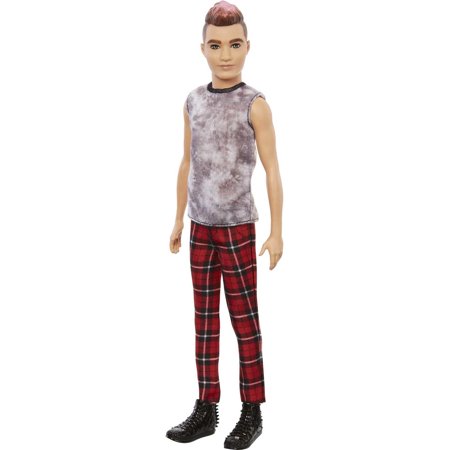Ken doll wearing a sleeveless gray tie-dye shirt and red chequered trousers, complemented by black lace-up boots.