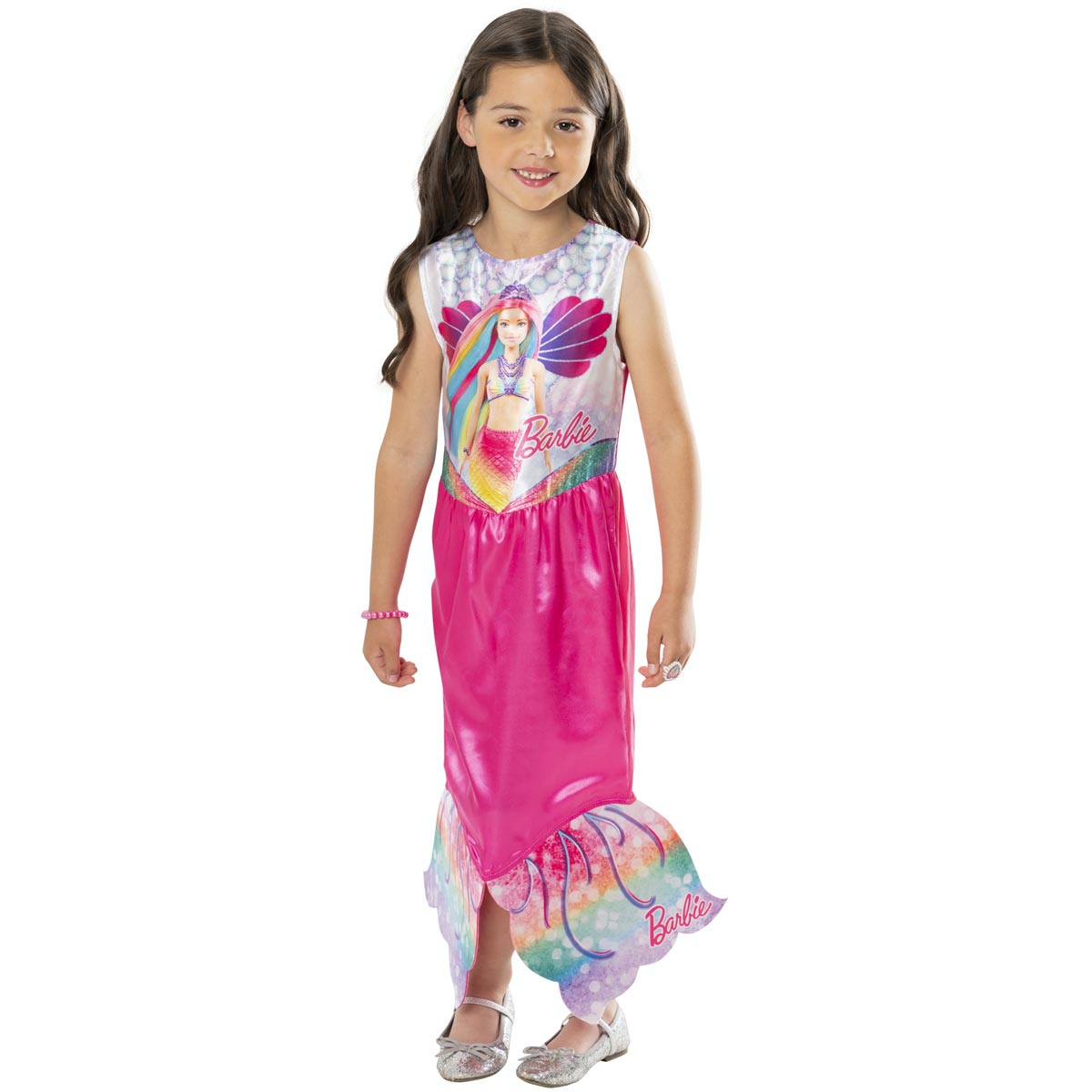 Bright pink mermaid dress featuring a colorful Barbie graphic, a shiny satin finish, and a flared, iridescent tail with scalloped edges, perfect for ages 4-6.