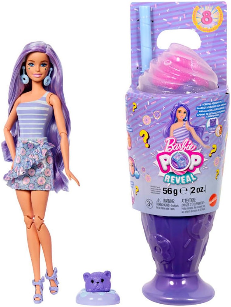 Barbie doll with long purple hair, wearing a striped top and floral skirt, alongside a purple dessert cup with a mystery treat and a cute purple bear accessory.