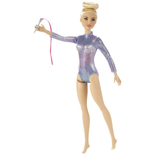 Barbie Rhythmic Gymnast Doll features a blonde bun hairstyle, wearing a shiny purple and blue long-sleeve leotard, and holding a pink ribbon in one hand.