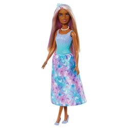 Barbie Royals Doll features long blue hair, a light blue fitted top, and a flowing skirt with a floral pattern in purple and pink, complemented by matching shoes and a pearl necklace.