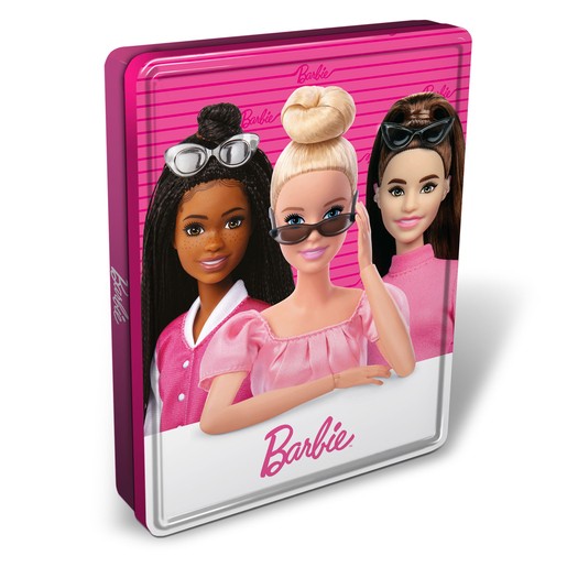 Colorful pink tin featuring three Barbie dolls with sunglasses, showcasing diverse hairstyles and outfits, with "Barbie" logo prominently displayed on the front.