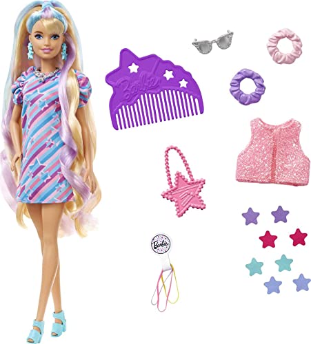 Barbie Totally Hair Doll features long blonde hair, wearing a colorful striped dress, with accessories including a purple comb, sunglasses, hair ties, and a sparkly vest.