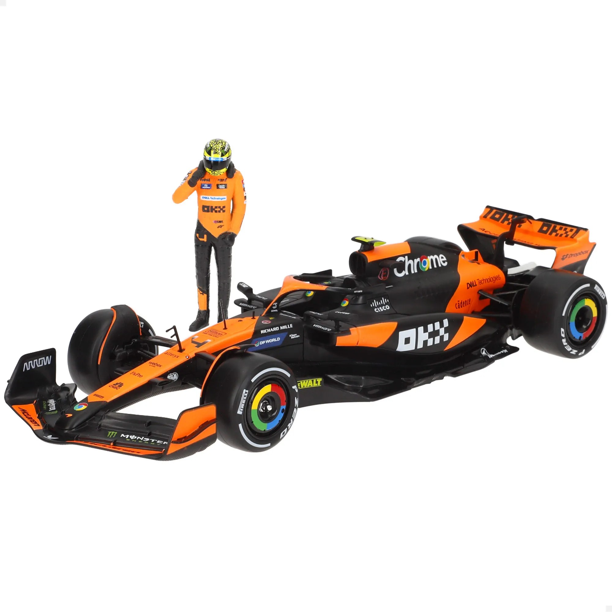 1:24 scale McLaren MCL38 F1 car in vibrant orange and black, featuring detailed sponsor logos and a driver figure of Lando Norris in an orange racing suit.