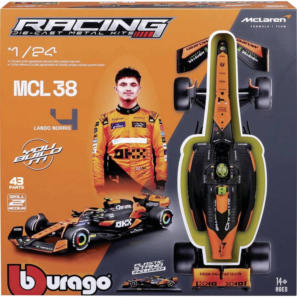 Bburago F1 McLaren 1:24 model kit featuring an orange and black car, includes a detailed driver figure, and showcases a sleek aerodynamic design with sponsor logos.