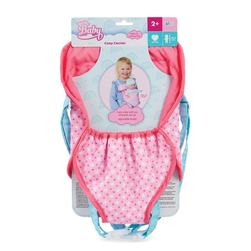 Pink and blue doll carrier with a polka dot pattern, featuring adjustable straps and a cute design, suitable for children aged 2 and up.
