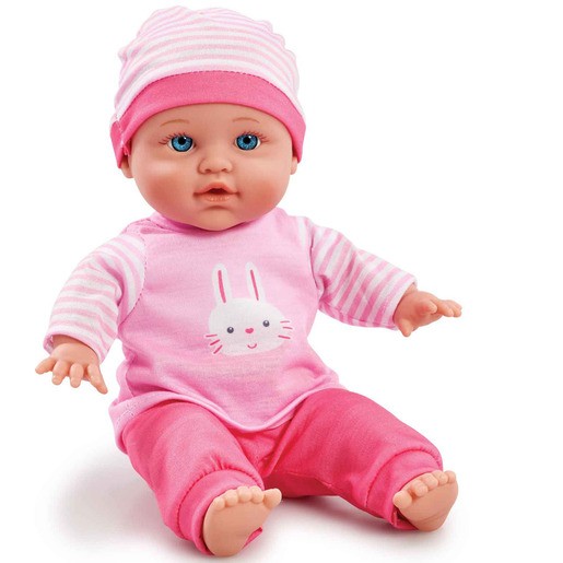 Cuddly baby doll dressed in a pink bunny outfit, featuring a striped hat, soft body, blue eyes, and a smiling face with a bunny graphic on the shirt.
