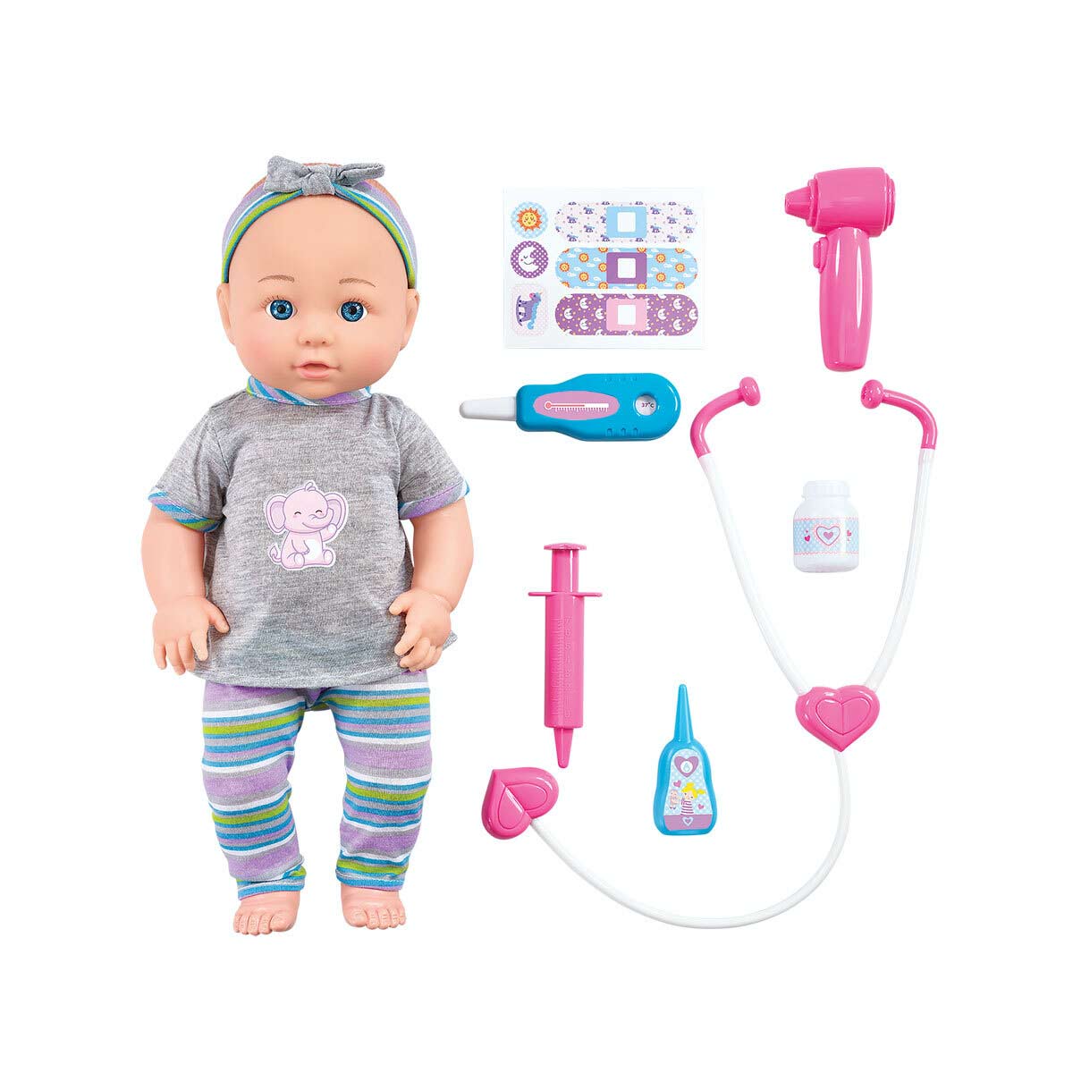 Grey doll with blue eyes wearing a grey shirt with an elephant, striped pants, and a headband, accompanied by medical accessories like a stethoscope, thermometer, and stickers.