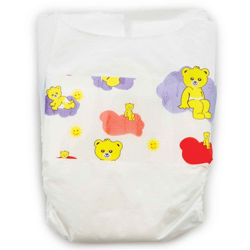 Five-pack of "Be My Baby" nappy accessories featuring a white design with colorful cartoon bears and clouds in yellow, purple, and red. Soft, disposable material.