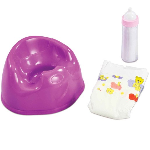 Purple plastic potty, a white diaper with a playful bear print, and a clear baby bottle, all part of the "Be My Baby Potty Time Playset" by Addo Toys.