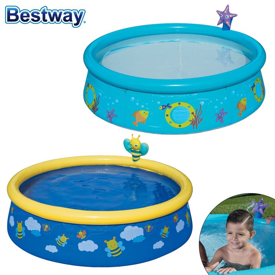 Bright blue inflatable paddling pool with a yellow rim, featuring underwater-themed graphics of fish and clouds, designed for children, measuring 5ft in diameter and 15 inches deep.