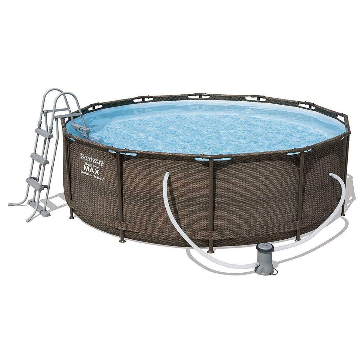 Round, grey steel pool set measuring 12' x 39.5", featuring a textured wicker design, a ladder, and a pump system for easy setup and maintenance.