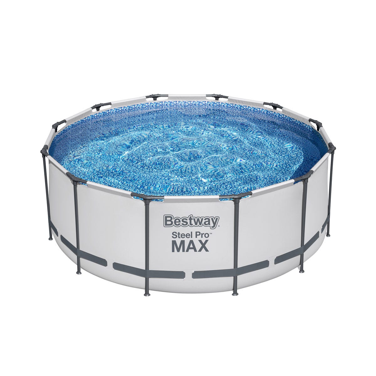 Round steel frame pool set measuring 12 feet in diameter and 48 inches deep, featuring a grey exterior and a blue water surface, designed for easy setup and durability.