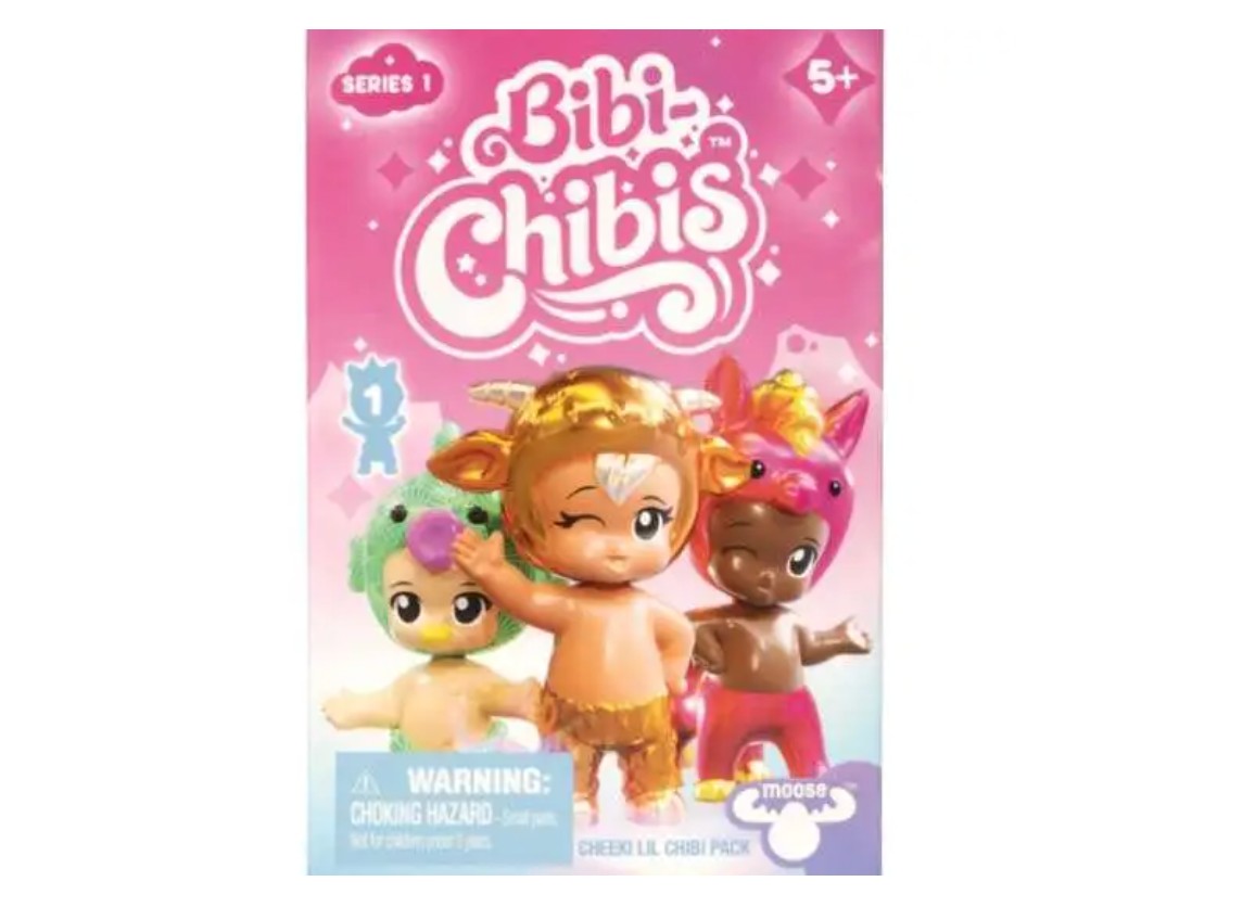 Bibi Chibis Series 2 Mystery Figure features colorful, cute characters with various animal-themed hats, including a unicorn and a deer, in a vibrant packaging design.
