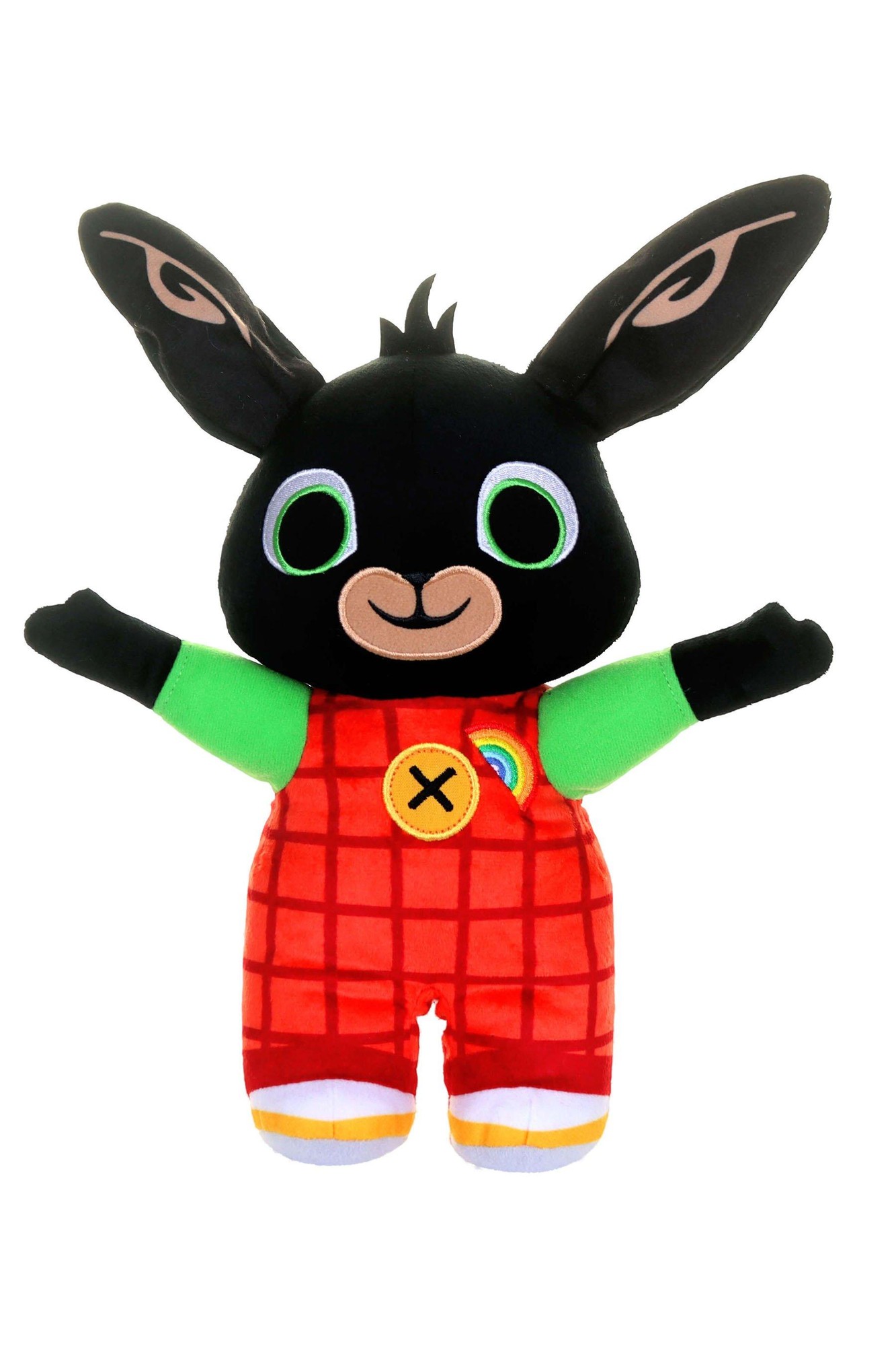 Bing Talking Rainybow Soft Toy features a black bunny with large ears, green eyes, wearing a red checkered outfit with a rainbow and button detail, made of soft plush material.