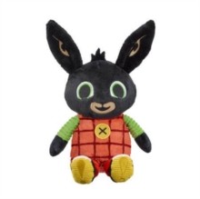 Soft black plush bunny with large green eyes, wearing a red checkered vest and green sleeves, featuring long ears and a friendly smile.