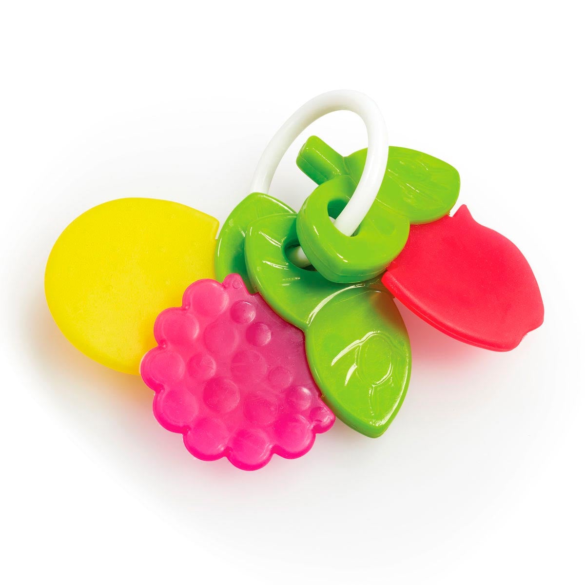 Colorful teether keys featuring a yellow lemon, pink raspberry, green leaf, and red apple, made of soft, durable plastic with a white ring for easy gripping.