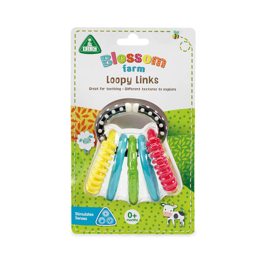 Colorful teething links in red, yellow, green, and blue, featuring various textures, packaged in a vibrant card with a farm theme, suitable for infants 0 months and up.