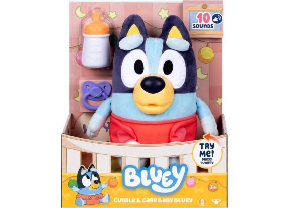 Interactive soft toy of Baby Bluey, featuring blue and teal fur, wearing red shorts, with a bottle and pacifier accessories, and 10 sound features for play.