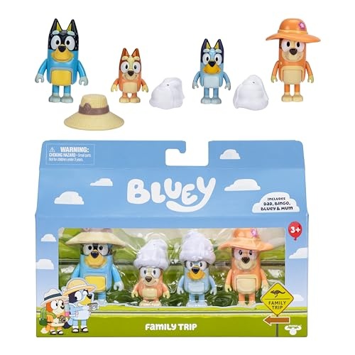 Four colorful figurines from "Bluey," featuring Bluey, Bingo, and their parents in travel hats, packaged in a scenic box with a family trip theme.