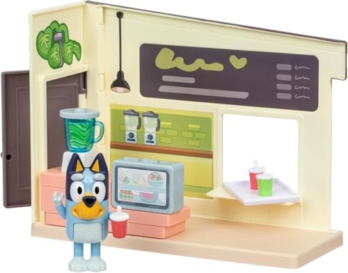 A colorful Bluey Juice Bar Playset featuring a blender, menu board, and a cheerful Bluey figure holding a drink, with vibrant green and pastel-colored elements.